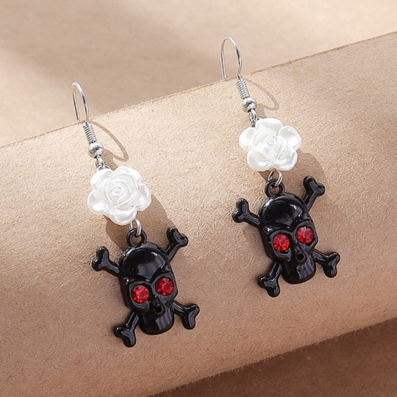 None Jewelry - Skull & Crossbone Dangle Drop Earrings With Red Gems/Rinestones For Eyes